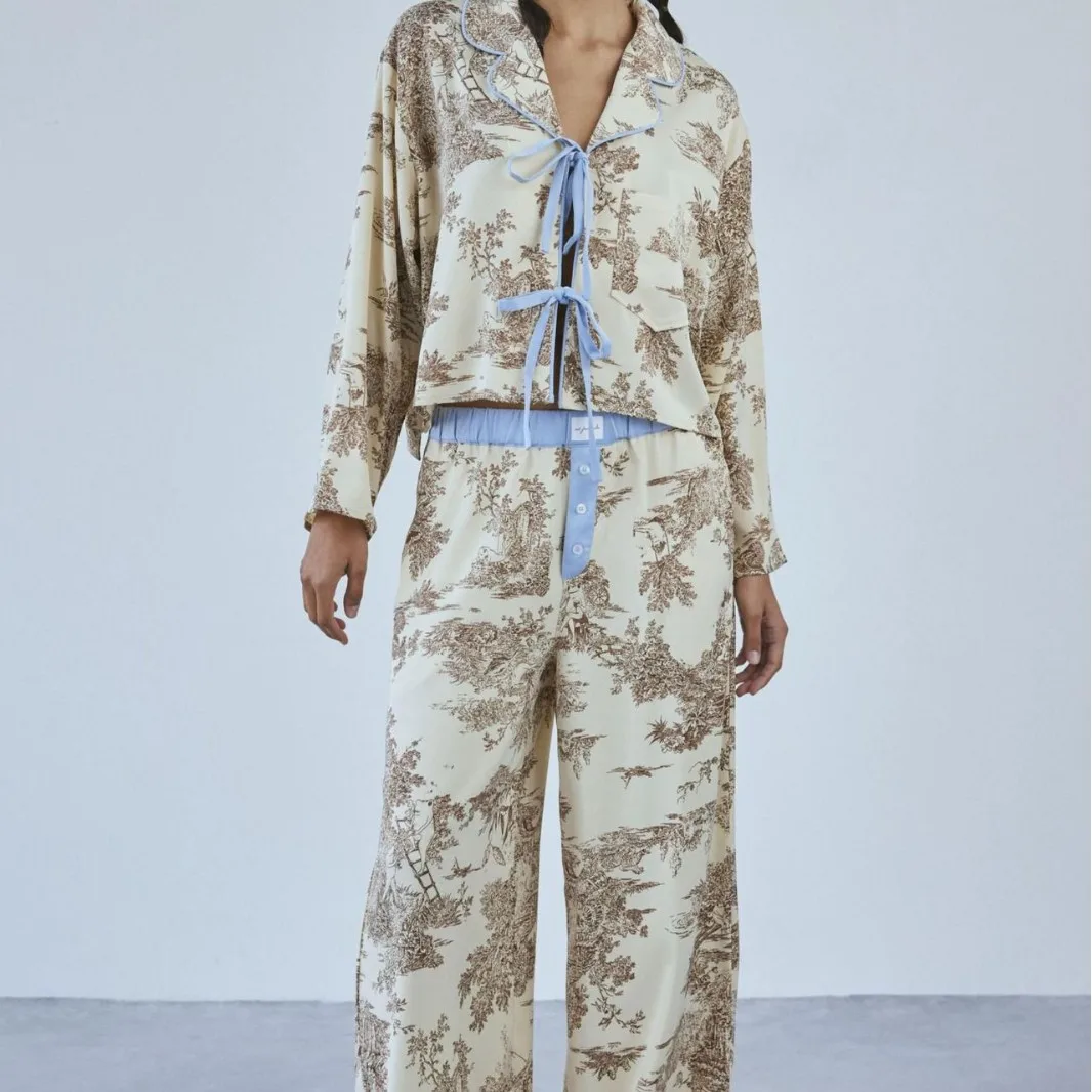 

Fashion Women 2PCS Pajamas Set Sleepwear Loungewear Print Flower Long Sleeve Trouser Suits Home Clothing Loose Satin Night Wear