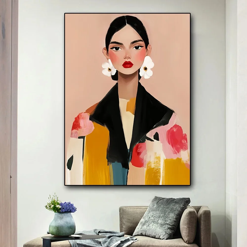 Boho Floral Lady Portrait Wall Poster Office Living Room Bedroom Home Decor Abstract Asian Woman Canvas Painting Wall Art