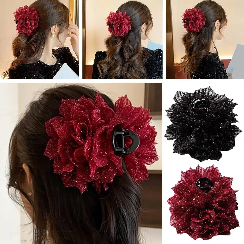 

Women New Headwear Fashionable Temperament Flower Hair Clips Headdress Shiny Claws Female Ponytail Hair Silk Hair Accessori X9X0
