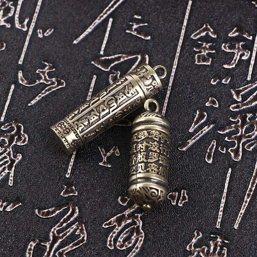 Women Carving Scriptures Brass Cylindrical box Openable Necklace Pendant Buddhist Pendant Medicine Pill Box Travel Pill Case