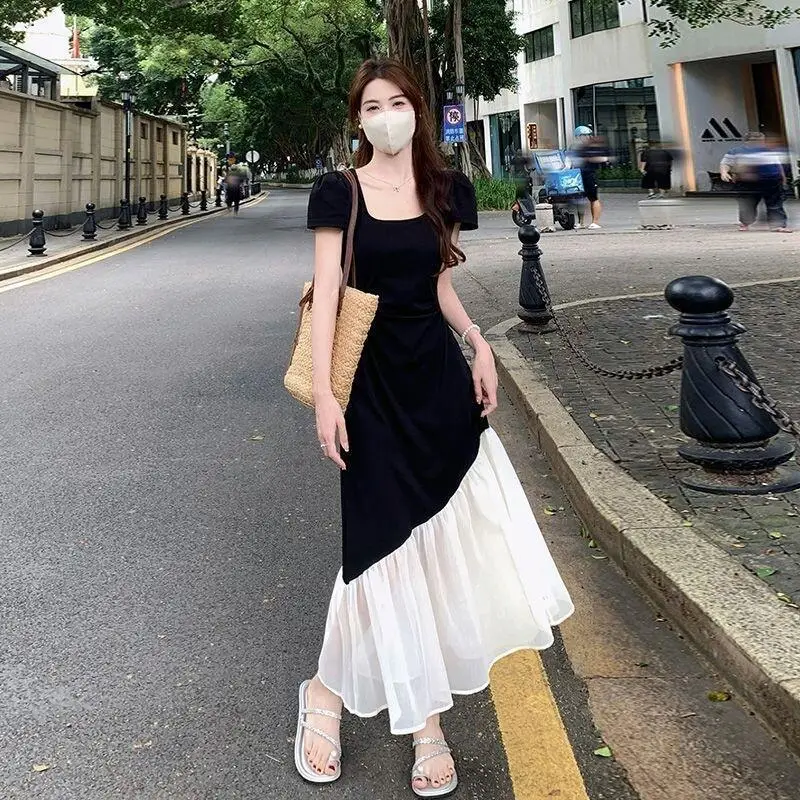 Hot 2026 Springsummer New Plus Size Women French Short Sleeved Dress with Waist Cinching Color Blocking Hepburn Style Long Skirt