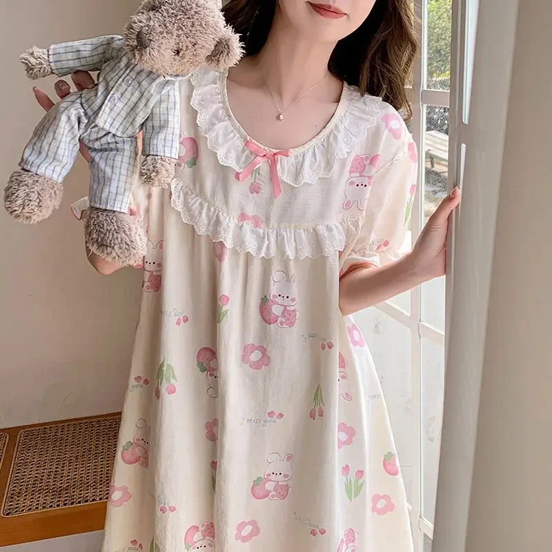 Sweet Princess Style Knee Length Nightgowns Girl Loose Thin Loungewear Sleepshirts Summer Cloud Cotton Short Sleeved Homewear