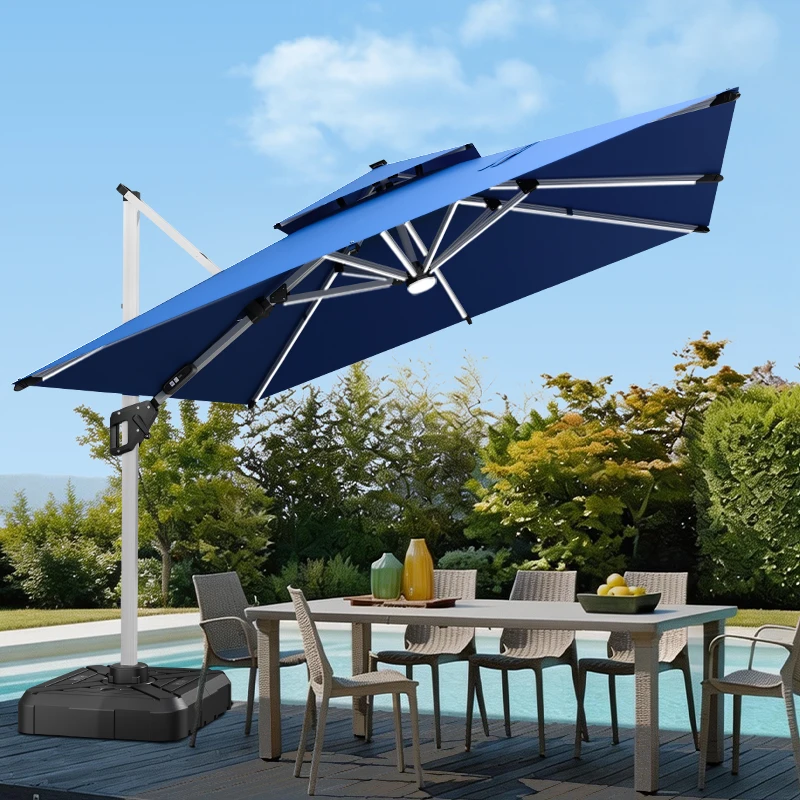 Custom Modern Aluminum Frame Outdoor 3m Parasol Double Top Ventilated LED Lighting Garden Umbrella Fast Delivery
