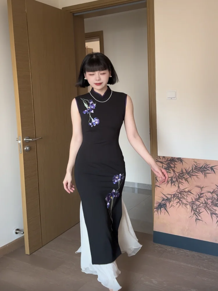 

Женское длинное платье-ципао Nancheng Old S 2025: Новинка, ретро-стиль, художественный принт, эффект стройности, цветочный узор, винтажный дизайн