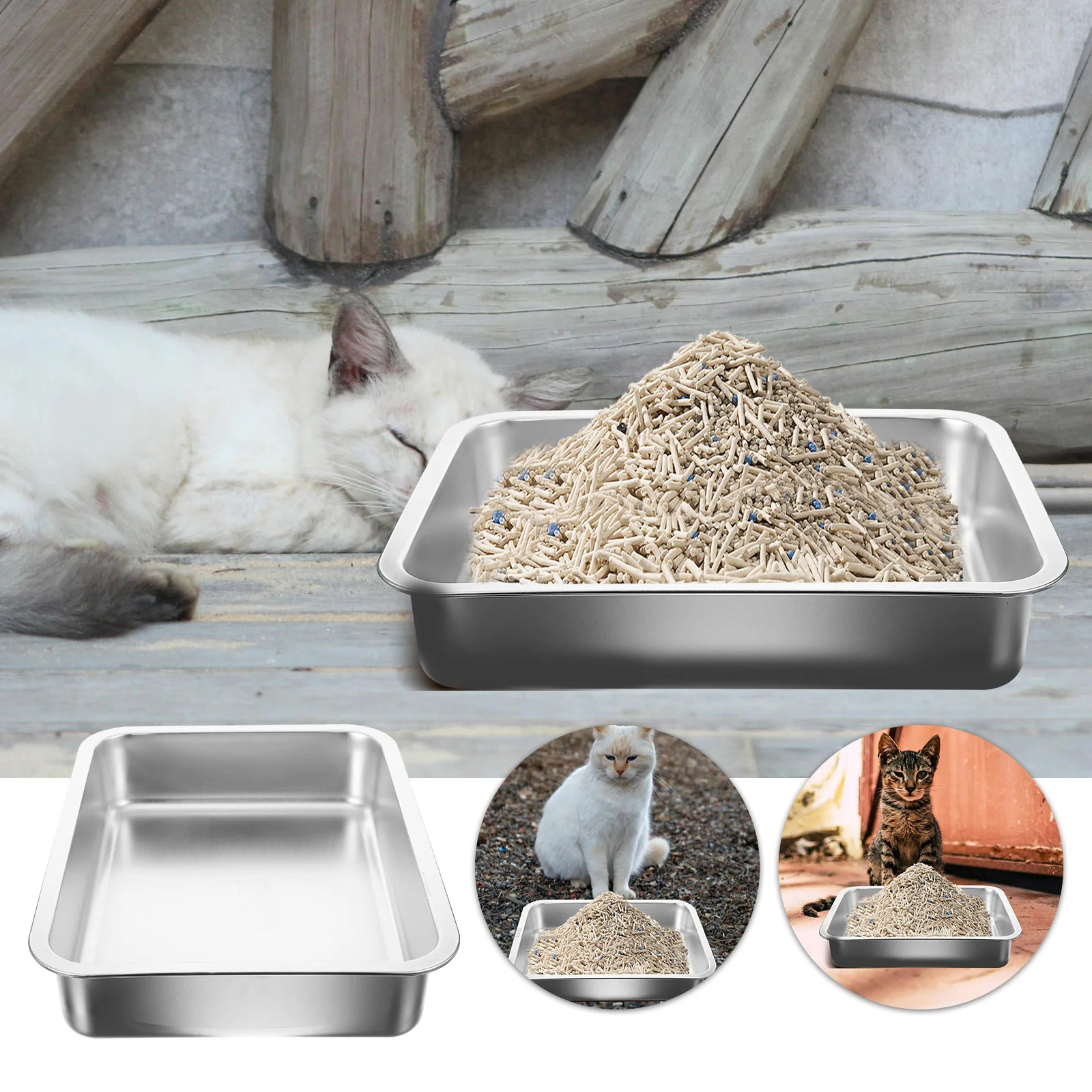 Caja de arena para gatos de acero inoxidable, bandeja para conejos, inodoro poco profundo de gran capacidad, juguete automático