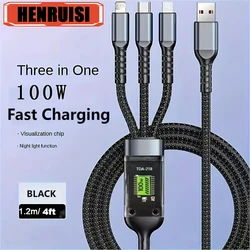 3 in 1 USB Cable 6A 100W Micro USB Type C Charging Cable For iPhone 16 15 14 13 12 Huawei Honor Xiaomi 13 ViVo Oppo Data Cord