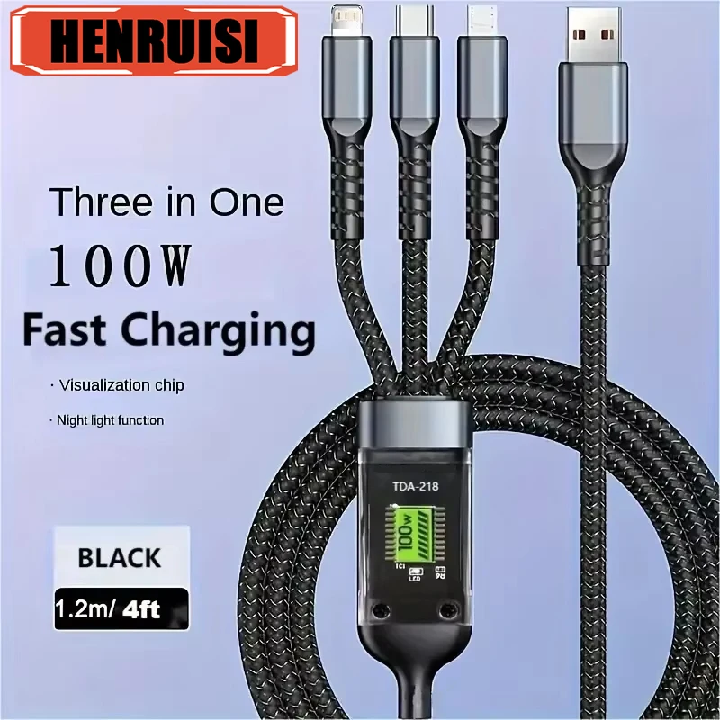 3 In 1 100W Type C Cable Digital Display PD Fast Charging Cable USB C For iPhone Xiaomi Samsung Huawei Micro Usb C Cable Wire