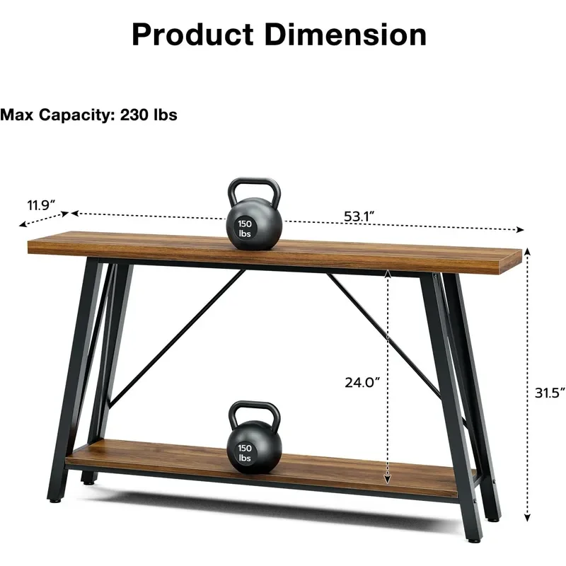 Console Table with Storage Shelf Industrial Style Sofa Table Behind Couch for Living Room Entryway Rustic Brown 53.1 Inch