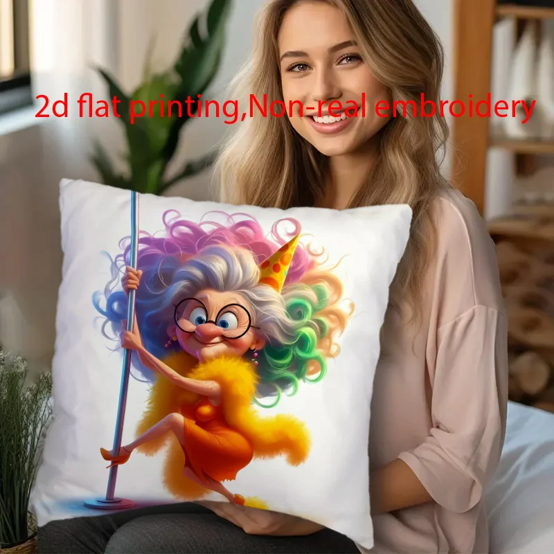 1pc 2D Flat (Pillow Not Included) Funny Grandma Pole Dance Rainbow Hair Cushion Cover Short Plush Quirky Humor Decor ThrowPillow