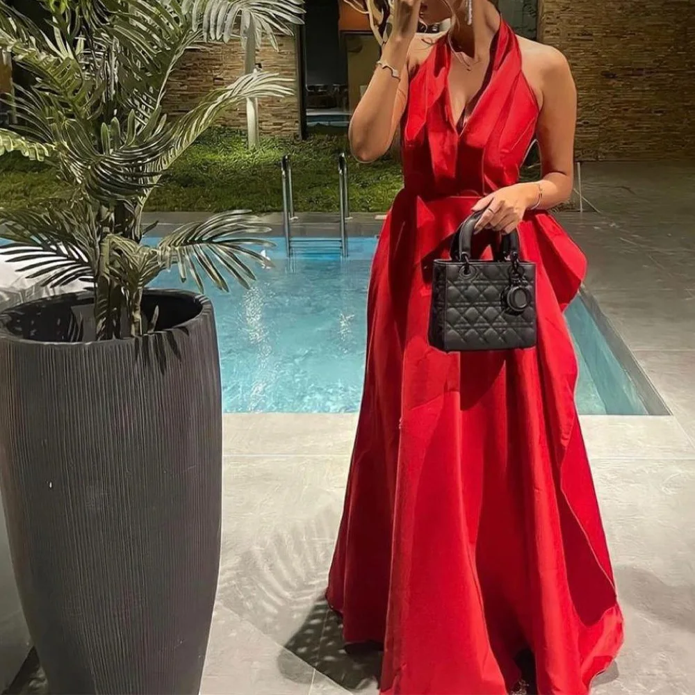 Customized Temperament Halter Satin Sleeveless Evening Dresses Elegant A-Line Floor Length Celebrity Gowns Vestido De Noche