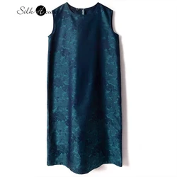 Heavyweight 100% Natural Mulberry Silk Song Jin New Chinese Style Elegance Blue Bottom Tree Women's Fashion Vest Dress