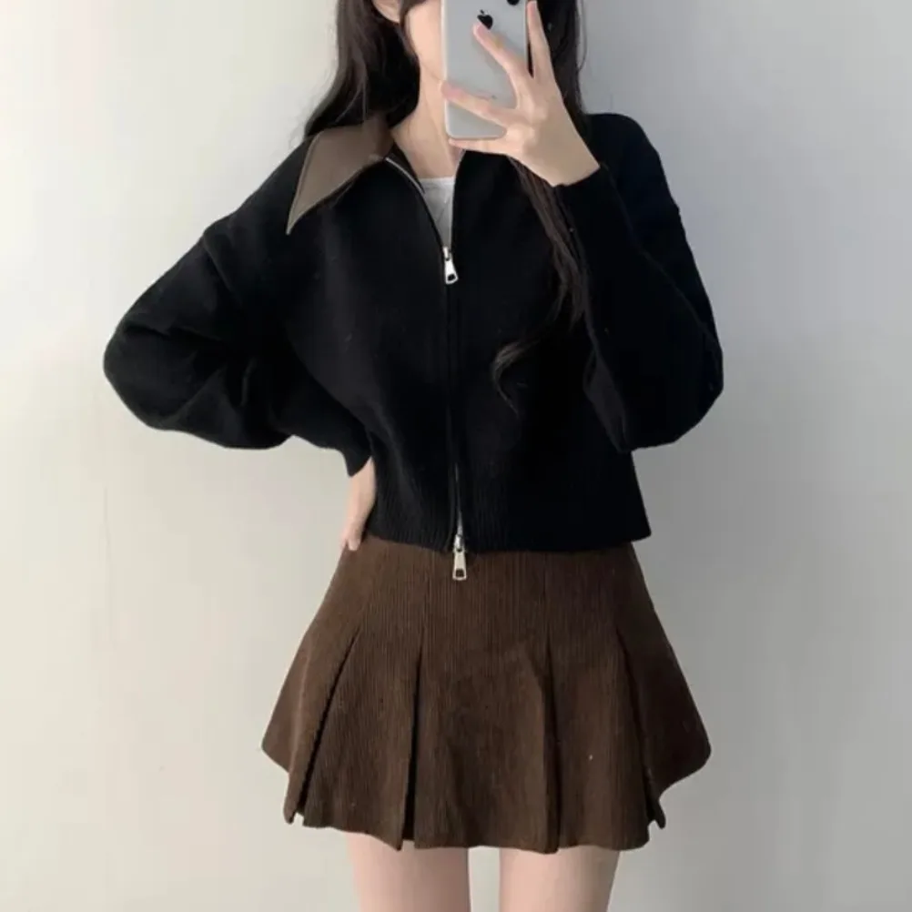 Elegancki sweter damski z zamkiem błyskawicznym, modny, wyszczuplający kardigan, długi sweter dzianinowy dla kobiet o niskiej staturze.