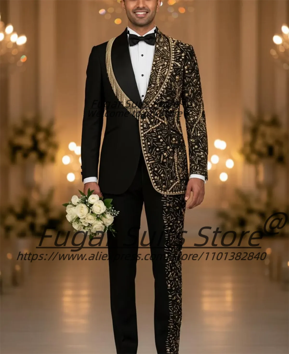

Luxurious Black Groom Wedding Tuxedos Shiny Diamond Elegant Men Suits Slim Shawl Lapel 2 Pcs Sets Male Prom Blazers Ropa Hombre