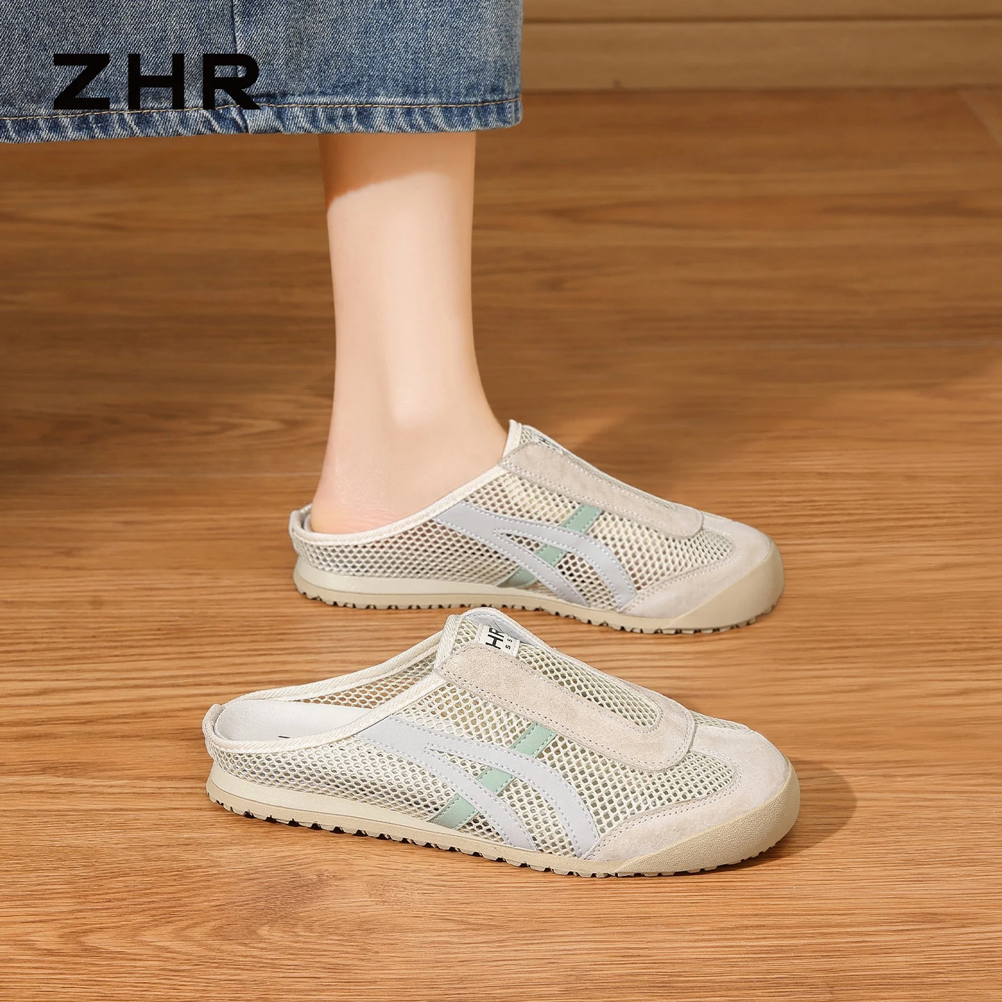 ZHR Breathable Mesh Slip-On Women's Summer New Style Deqin Shoes Flat Heel Rubber Outsole Comfortable Maternity Slippers
