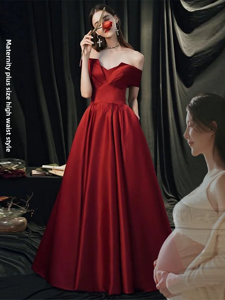 

Red Wine Color One-oulder High-Waist Materni Wedding Dr Ele A-Line Skirt for Engagement Par Performance