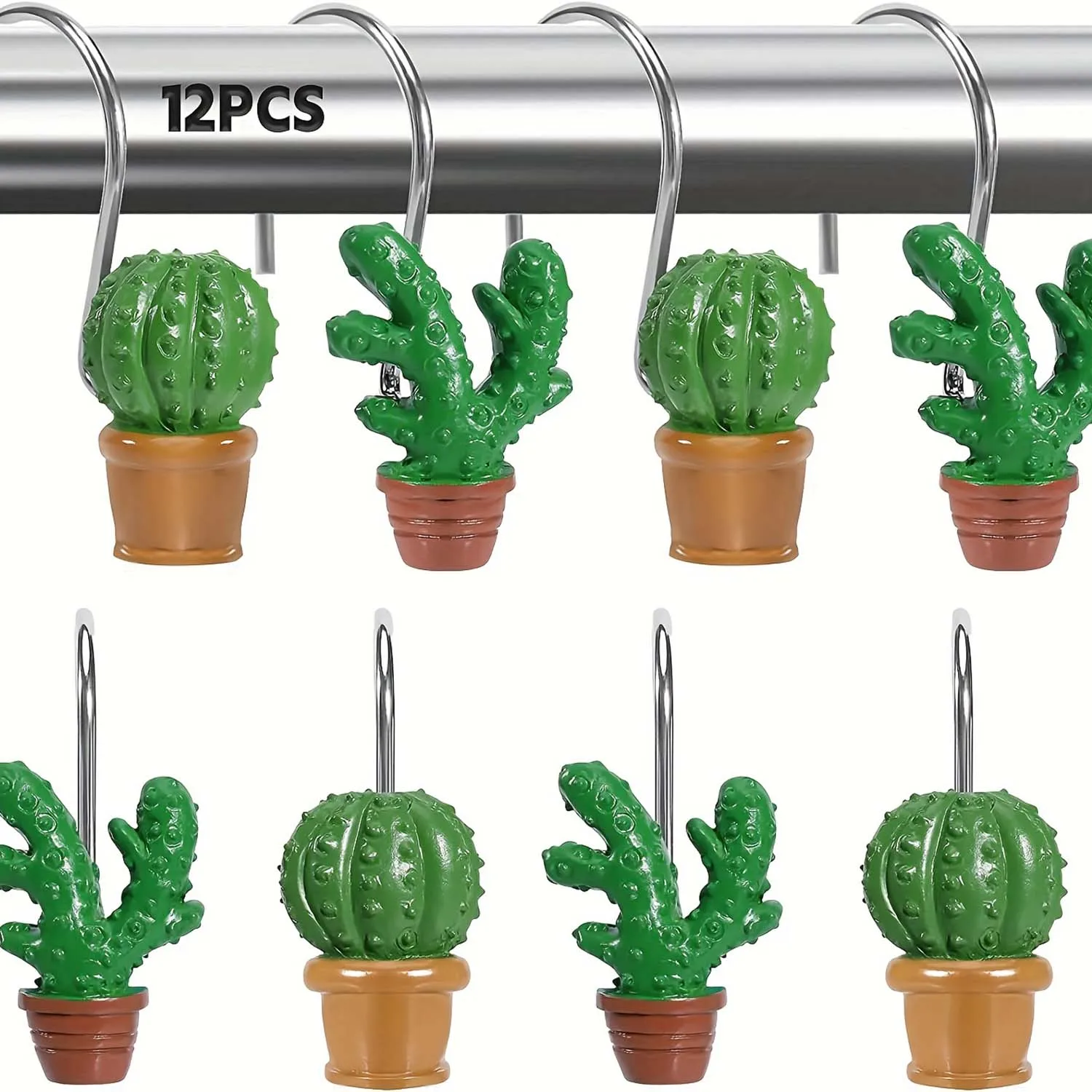 12PCS Resin Cactus Shower Curtain Hooks Shower Curtain Rings Summer Bathroom Decorative Plant Theme Hooks for Bathroom