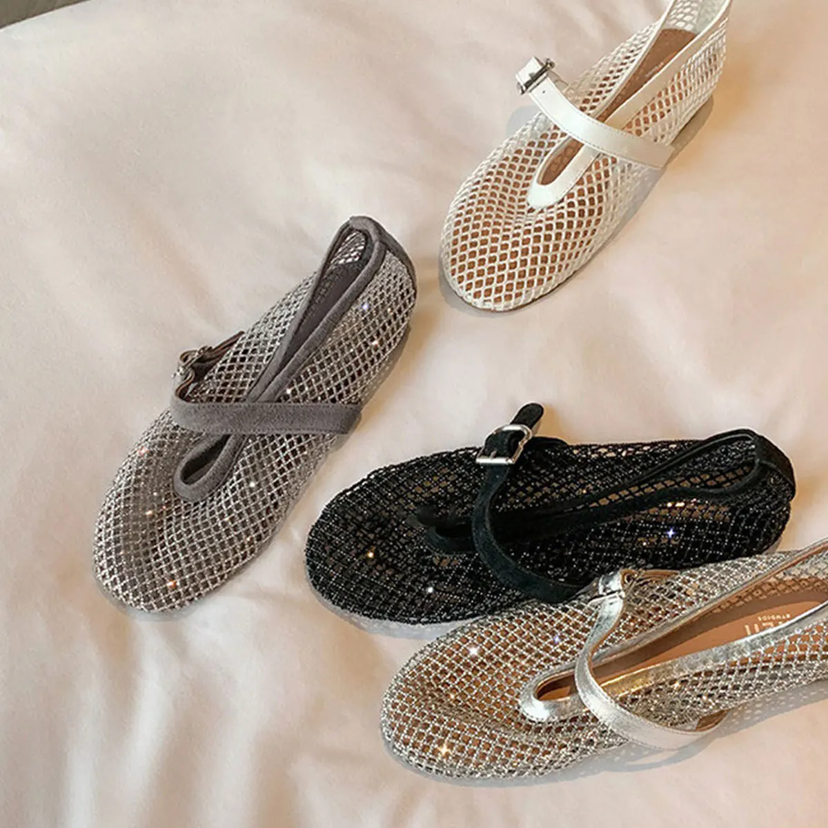 Spot ballet shoes~ inner height-increasing rhinestone mesh flat-soled single shoes women's breathable sandals