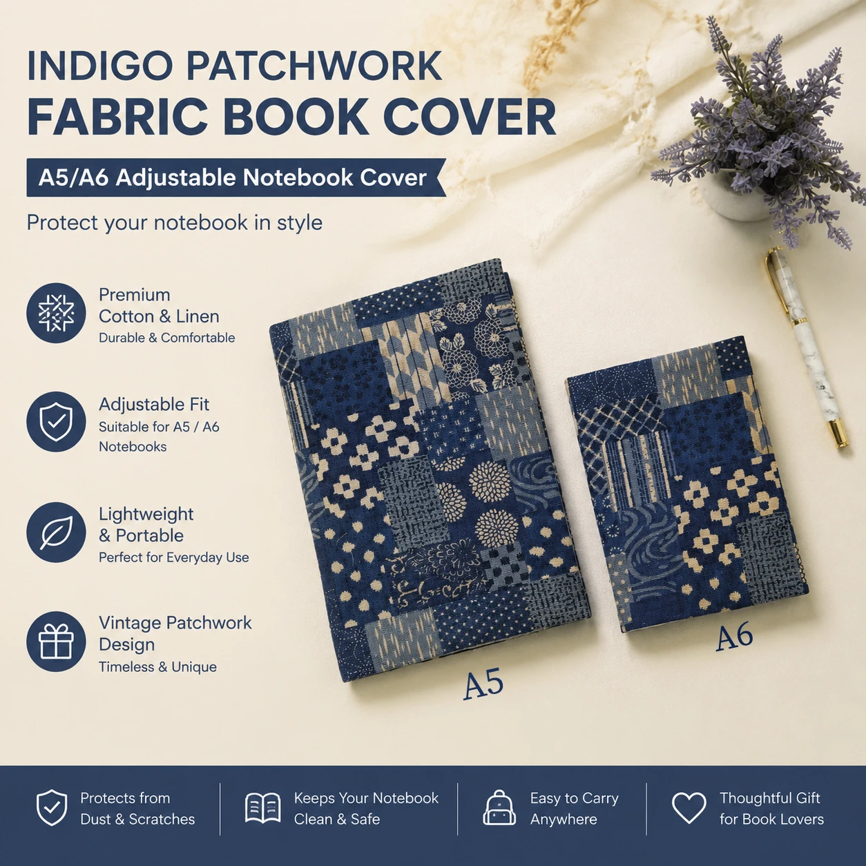 Vintage Collectible Magazines - Protège-livres ajustable en tissu imprimé indigo