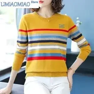 Autumn Winter New Stripe Knitting Sweater Round Neck Fashion Jacket Loose Show Thin Hit End Shirt Sweater Women Tide