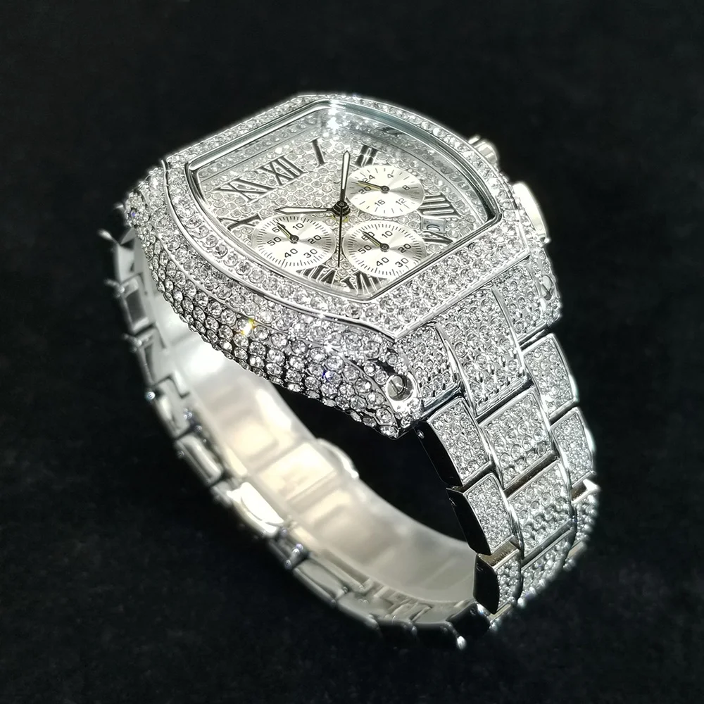 أعلى العلامة التجارية الفاخرة الماس ووتش الرجال عالية الجودة الفولاذ المقاوم للصدأ كوارتز ساعة اليد الهيب هوب الجليد خارج للماء ساعات كرونوغراف #4