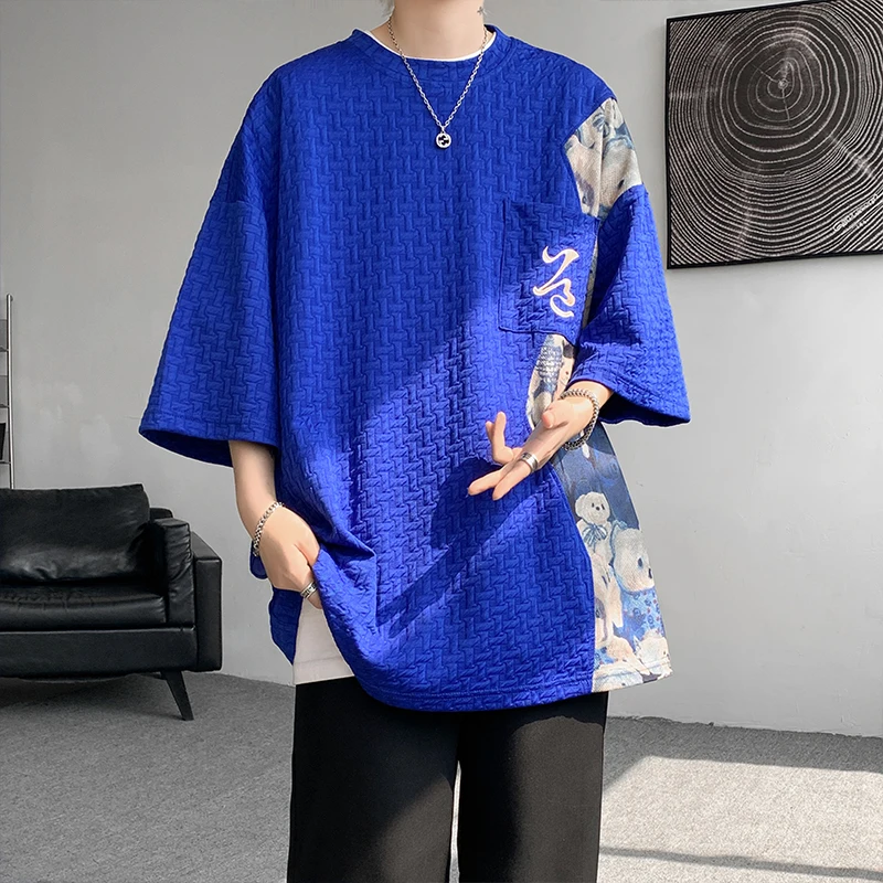 Patchwork Contrast Color T Shirt Men Summer Fashion Top Tees Unisex Harajuku T-shirt Male Half Sleeve TShirts Blue White Black