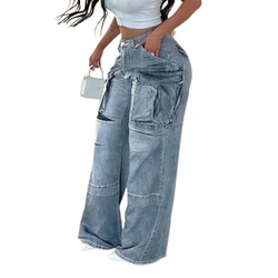 Cintura alta feminina vários bolsos emendando jeans reto, calça jeans casual, calça solta de três partes, estilo de trabalho, moda feminina