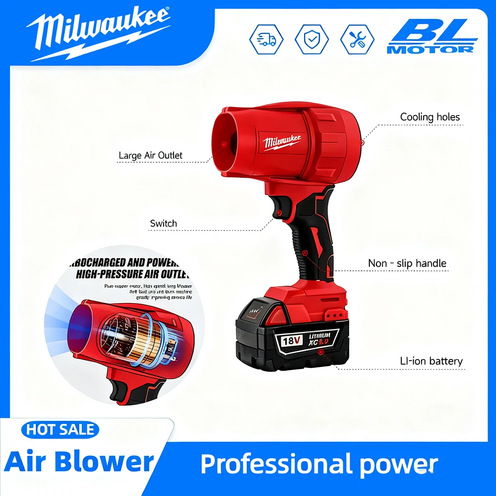 

Электрический турбовентилятор Milwaukee, 30000 об/мин, сверхсильная ветровая сила, инструмент для удаления пыли в автомобиле для аккумулятора 18 В, беспроводной штифтовый вентилятор