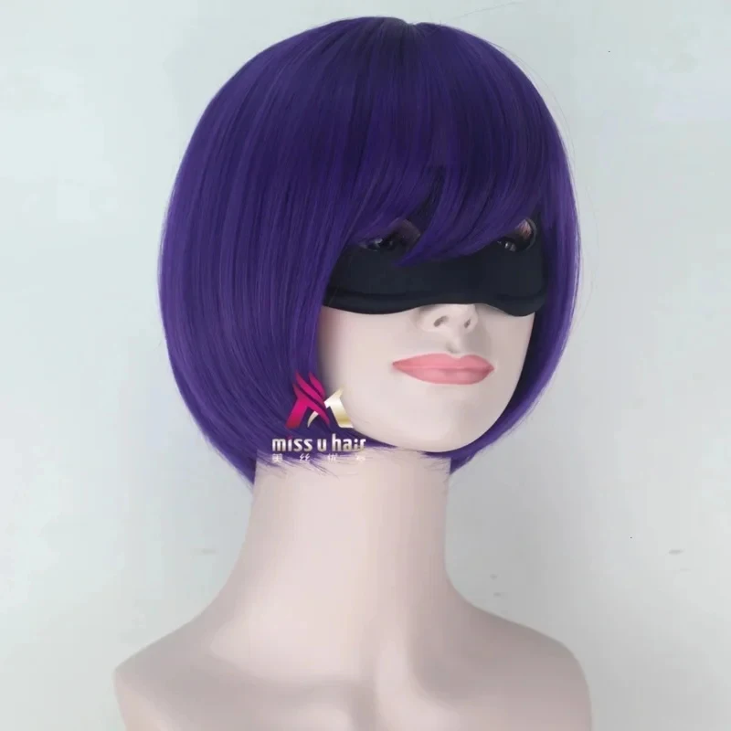 Peluca de cosplay de Mindy Macready de la película Kick-Ass 2026, peluca morada de Chloe Grace para juego de rol con máscara para los ojos A7DBZ