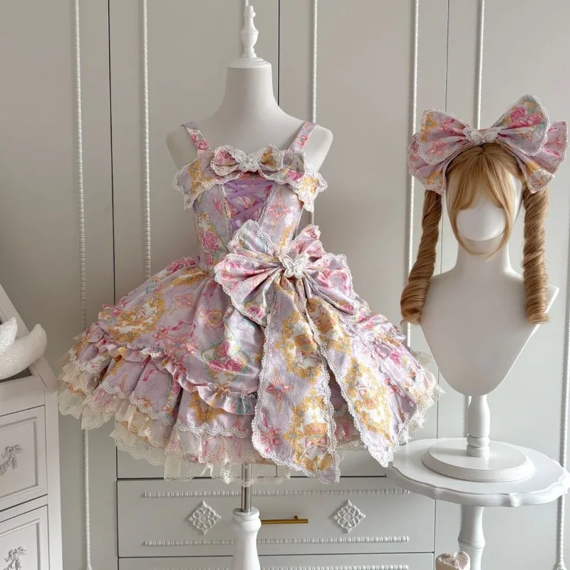 

Women Cute Lolita Japanese Kawaii Jsk Dress with Accreeories Sweet Y2k Elegant Lace Bow Flower Print Princess Party Dress