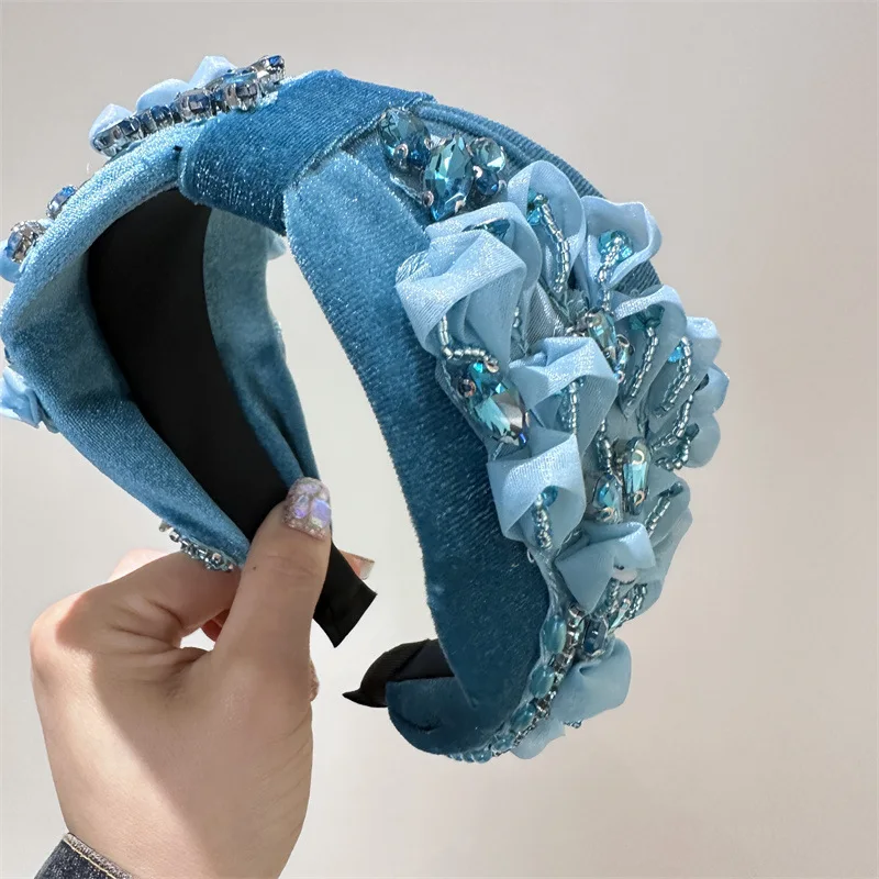 New Rhinestone Headband Crystal Flower Bling Diamond Luxury Blue Color Velvet Padded Hairband Women Hair Accessories