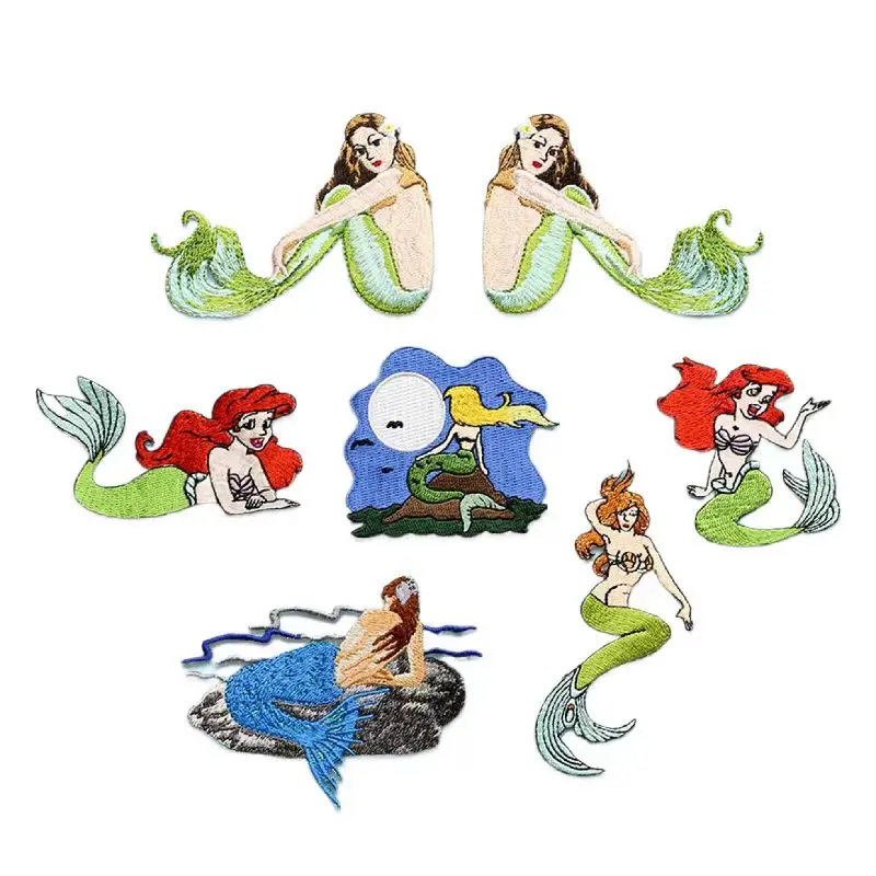 Cute Mermaid Iron on Embroidery Stickers Symmetrical Patches for Clothes Shoes Kid\'s School Bags DIY Decorative Backing Adhesive