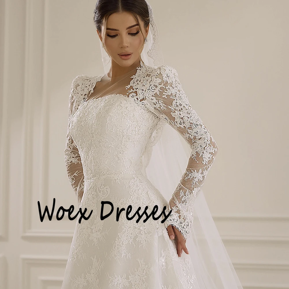 Abito da sposa bianco con scollo a O di lusso personalizzato ILLUSION Maniche lunghe in pizzo Watteau Train Party Dress A-line Abiti da ballo lunghi fino al pavimento