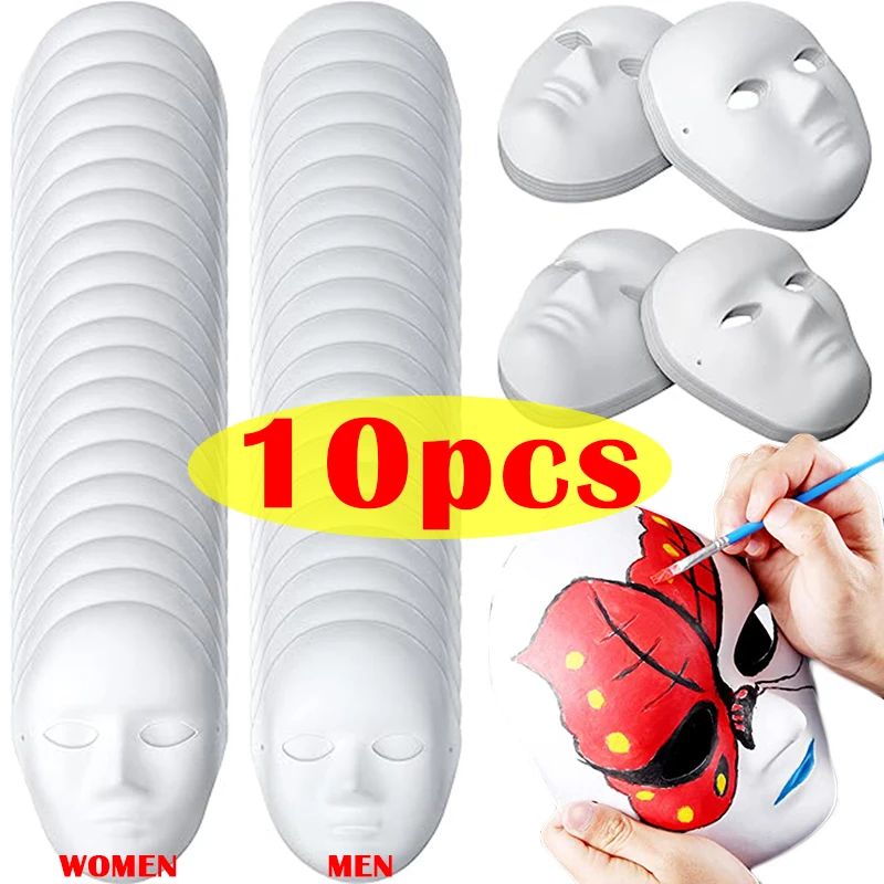 

10pcs Blank White Full Face Masks DIY Paper Halloween Cosplay Paintable Men Women Mache Party Perform Mardiup Craft Costumes