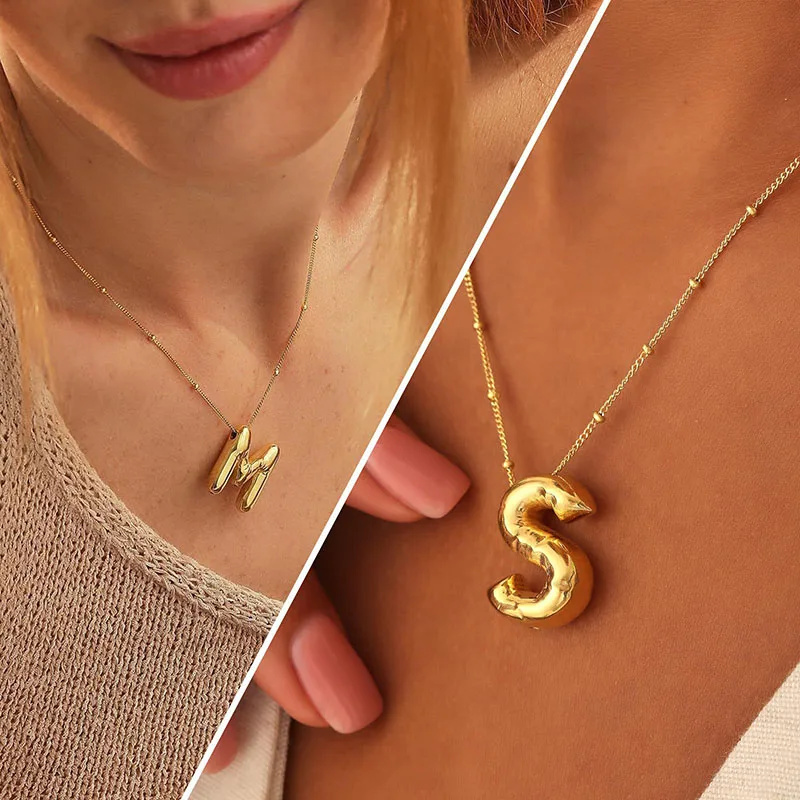 Vintage Chubby Balloon Bubble Chunky Letter Necklace for Women Men A-Z Initial Necklaces Collar Jewelry Gifts