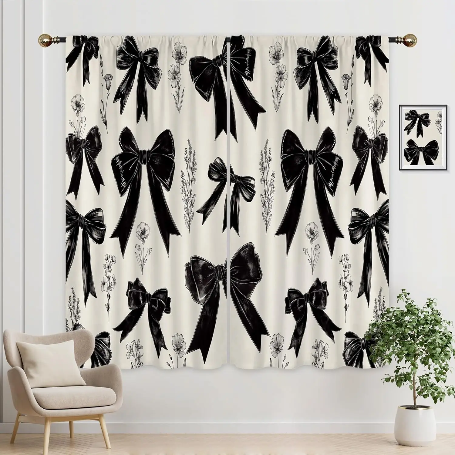 

Black Bow Curtain Floral Sketch and Ribbon Print for Bedroom Window Chic Decor