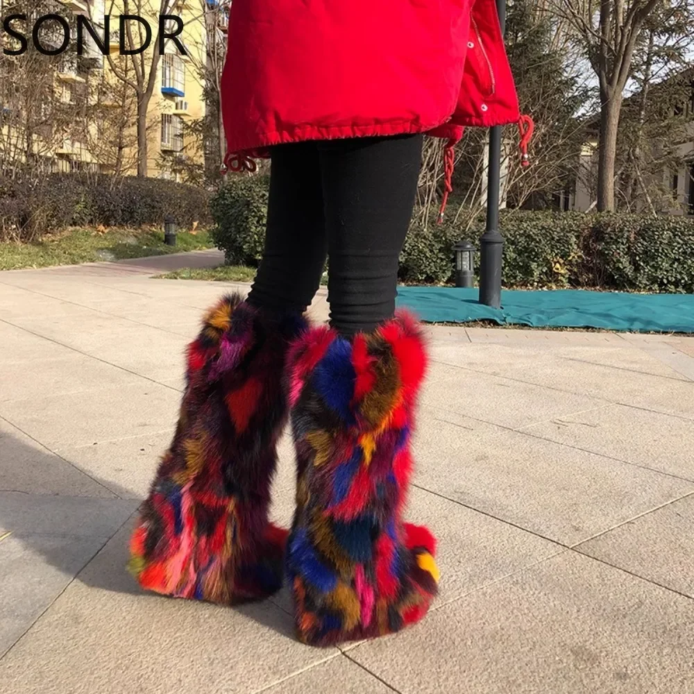 Womens Round Toe Knee Thigh Boots Real Fox Fur Furry Hidden High Heel Warm Winter Snow Shoes Rainbow Colors New 2024