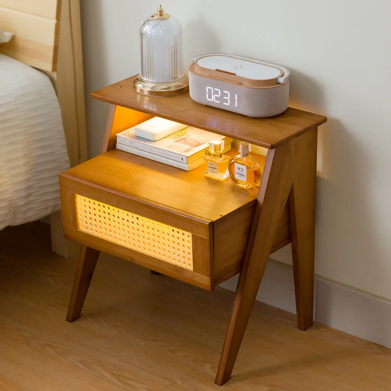 Retro style bedroom bedside table, drawer storage cabinet, modern light luxury bamboo living room cabinet, sofa side table