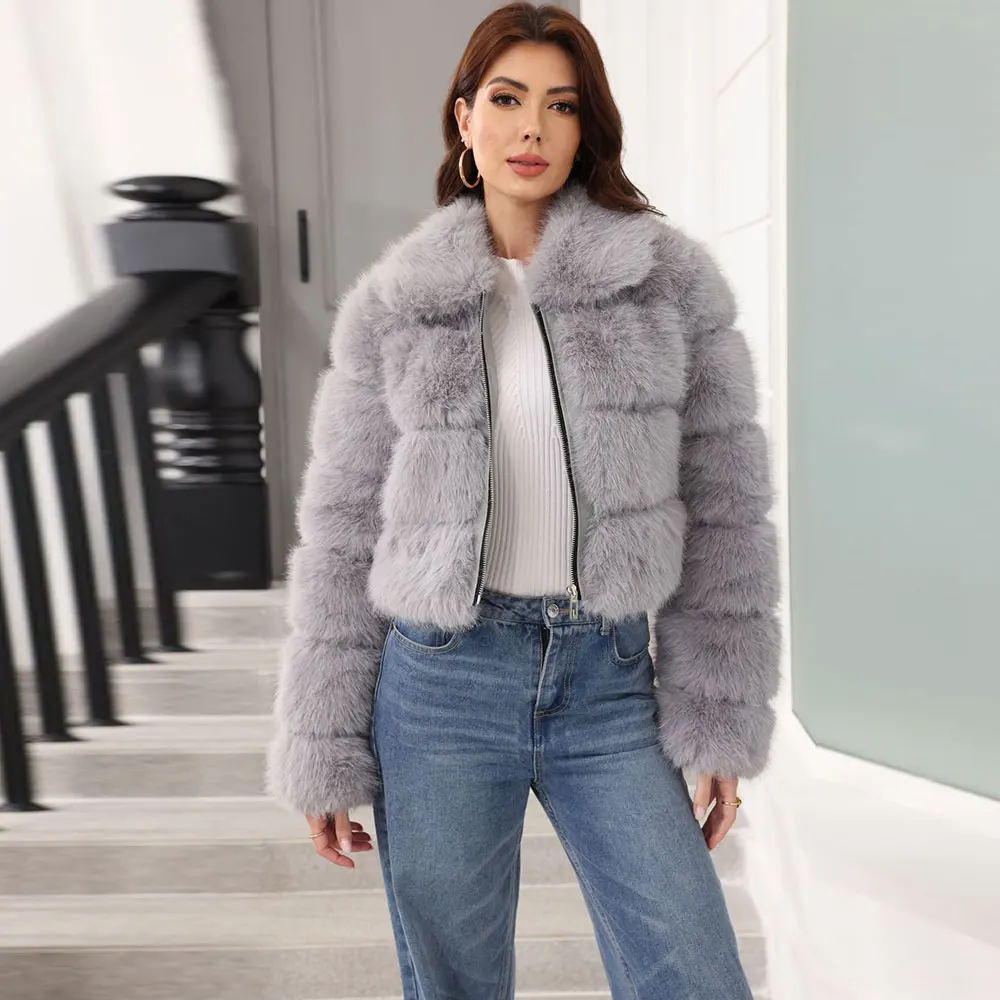 معطف نسائي من الفرو الصناعي المنفوش بياقة مقصوصة سترة عصرية سميكة وقصيرة ملابس خارجية 2024 معاطف قطيفة للسيدات ملابس الشارع