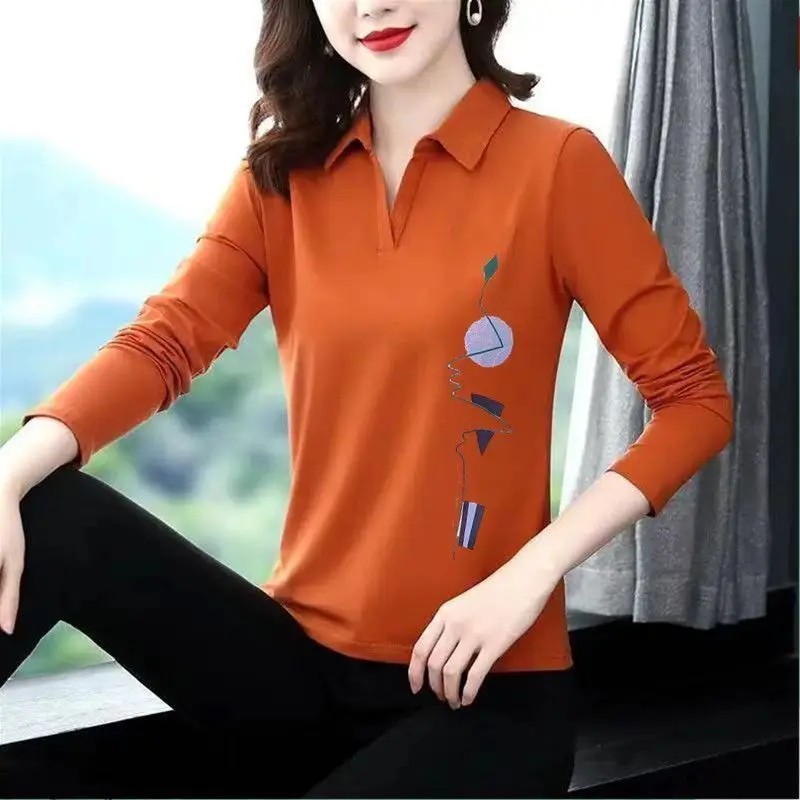 2023 Spring Autumn New Fashion Printing POLO Collar Long Sleeve T-Shirts Women Casual Elegant Comfortable All-match Pullovers