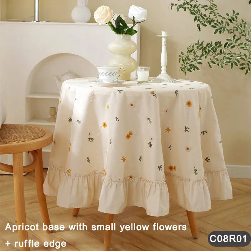 

3-Size Cotton Apricot Tablecloth with Floral Embroidery, Scalloped Ruffle Hem, for Round Coffee and Dining Tables