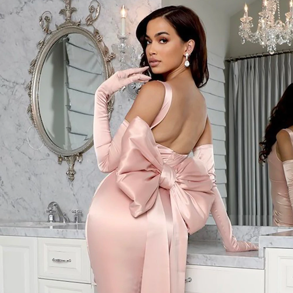 

Pink Women's Customized Square Collar Sleeveless Formal Party Dress Classy Charming Backless Sheath Evening Gown with Bow Detail