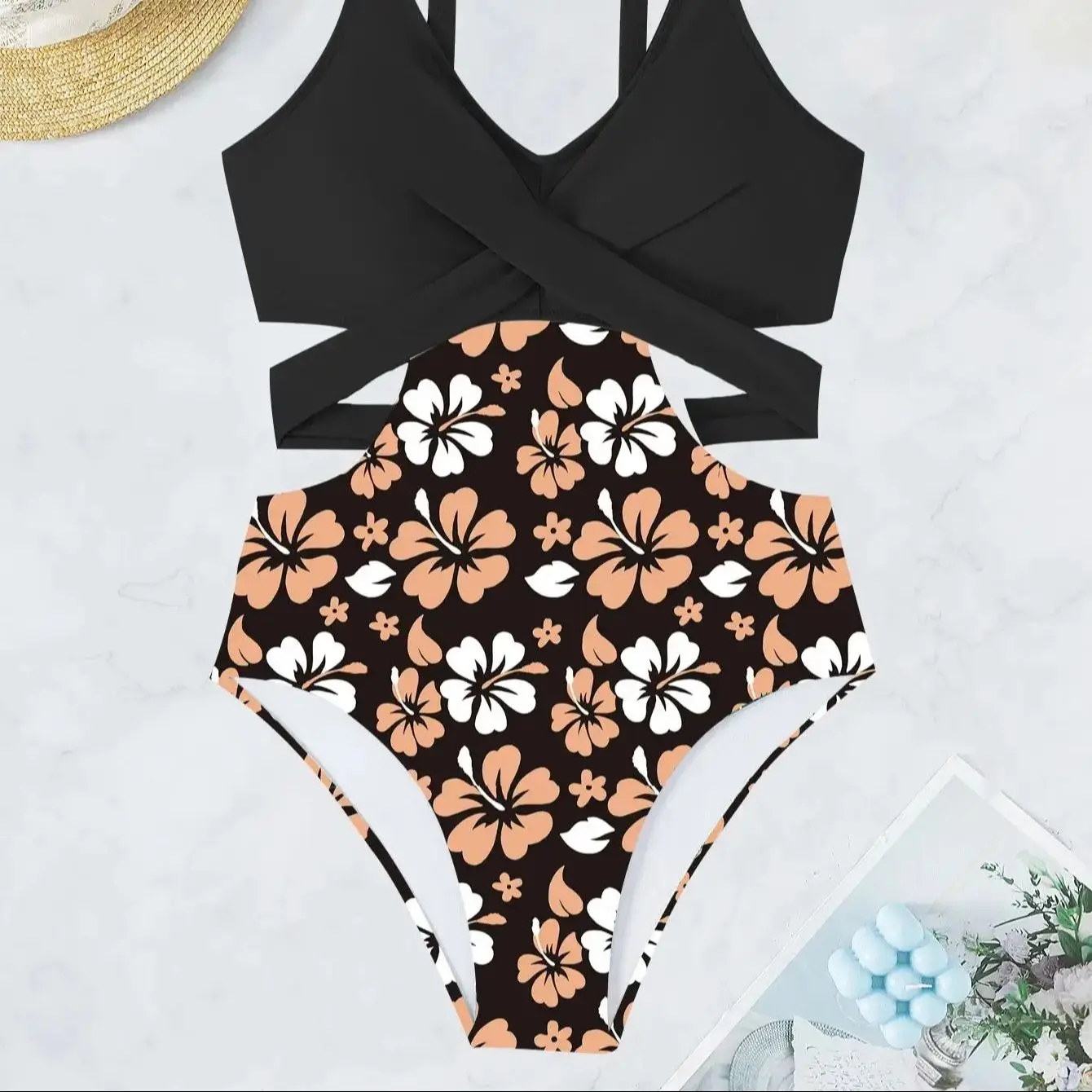 Chest Cross Bikini Set One Pieces Beach Suit Print Flower Swimming set Waist Hollowed Out Bikini