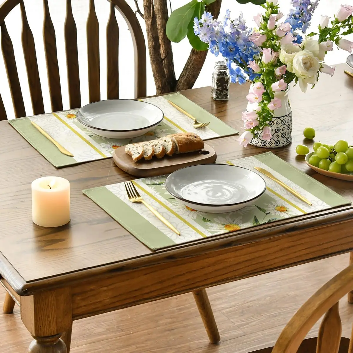 4Pcs, Eucalyptus Leaf Daisy Vase Placemats, Washable, Suitable for Holiday Parties, Home Decor, Kitchen Countertops, Rectangular
