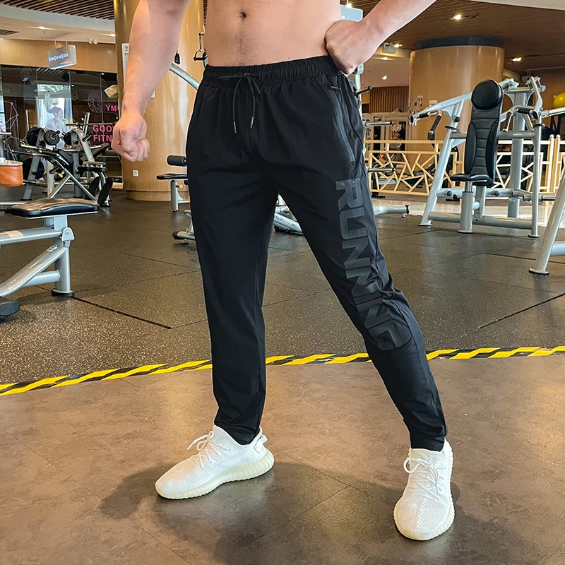 Sport Pant for Men Running Fitness Joggers Quick Dry Summer Ice Silk Elastic Gym Exercise Zipper Pockets Training Pants