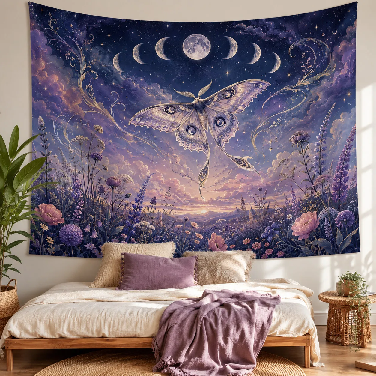Luna Moth Tapestry Moon Phase Floral Celestial Wall Hanging Boho Witchy Tapestry for Bedroom Living Room Dorm Home Decor