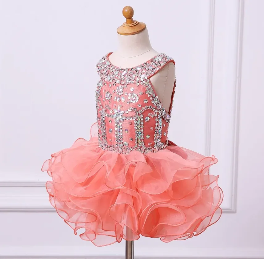 

Mini Short Coral Pageant Dress Toddler Ruffles Tiered Organza Luxury Crystal Beaded Top Sleeveless Formal Flower Girl Dresses