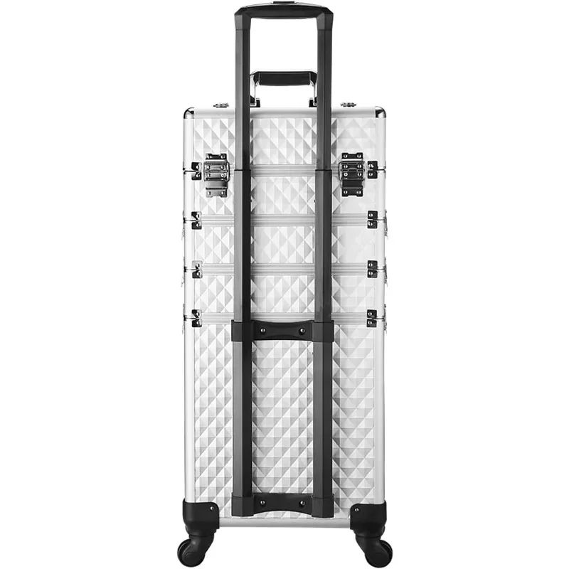 Channcase 4 in 1 Portable Traveling Aluminum Professional Makeup Trolley Cart with Multiple-Sized Compartments and Wheels, White