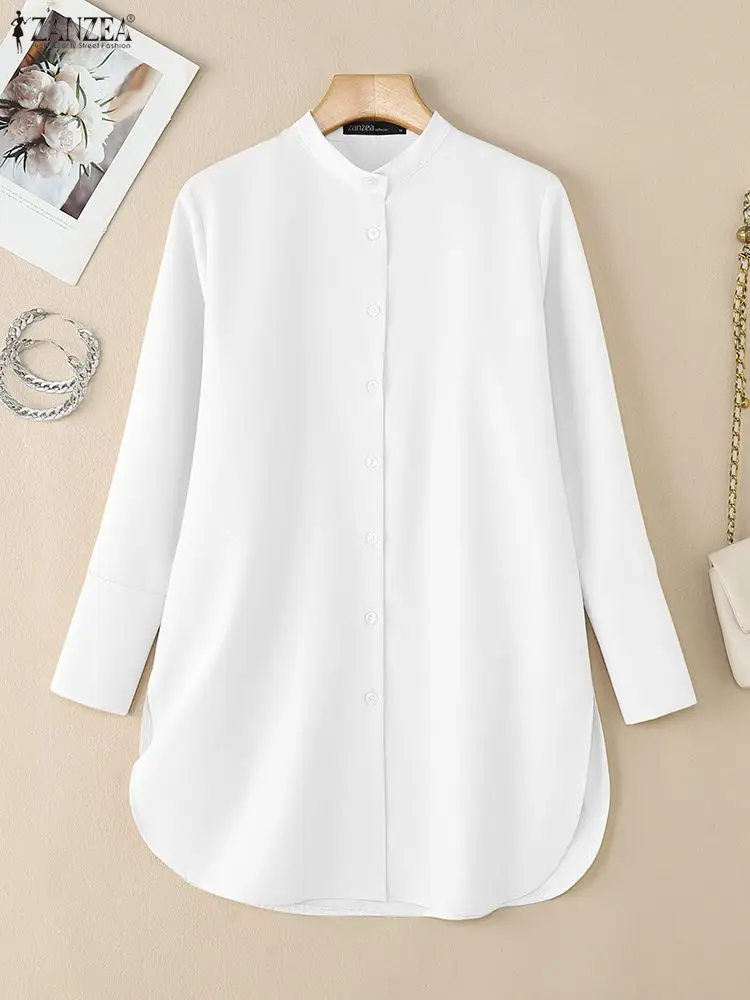 ZANZEA المرأة عادية الأبيض قمصان طويلة 2025 الخريف اليوسفي طوق زر حتى بلون مدورة هيم الجانب الشق قميص S-3XL
