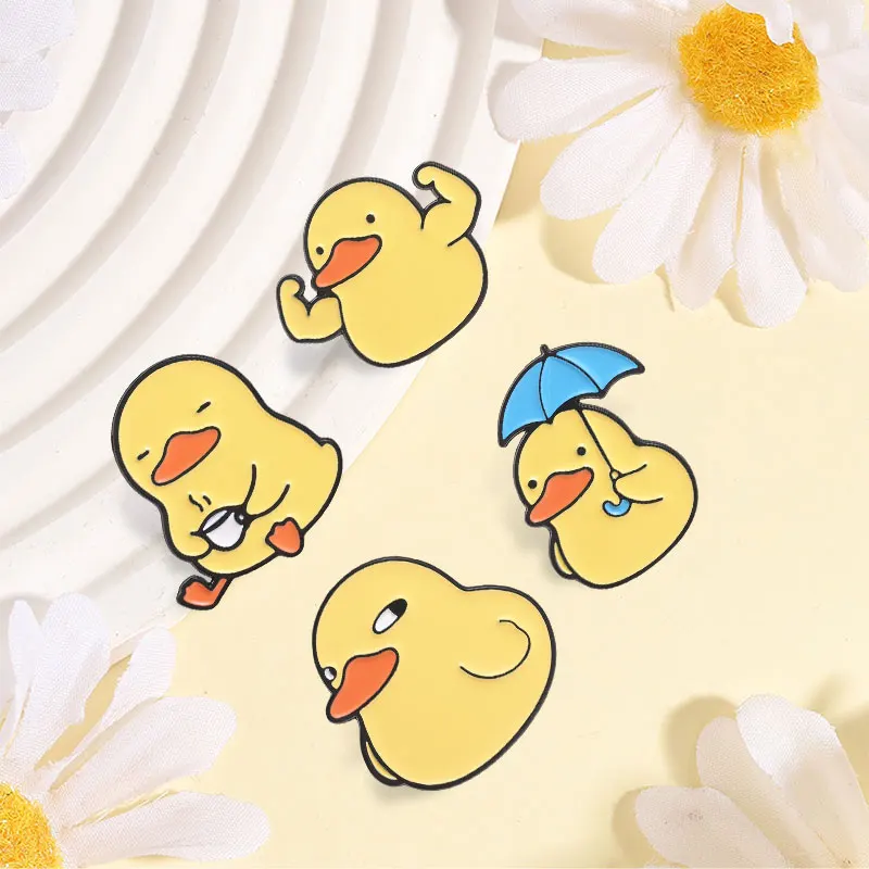 Kawaii Chubby Duck Enamel Pins Sassy Coffee Umbrella Muscle Ducklings Brooches Badges Fun Animal Jewelry Gift for Friends view 3