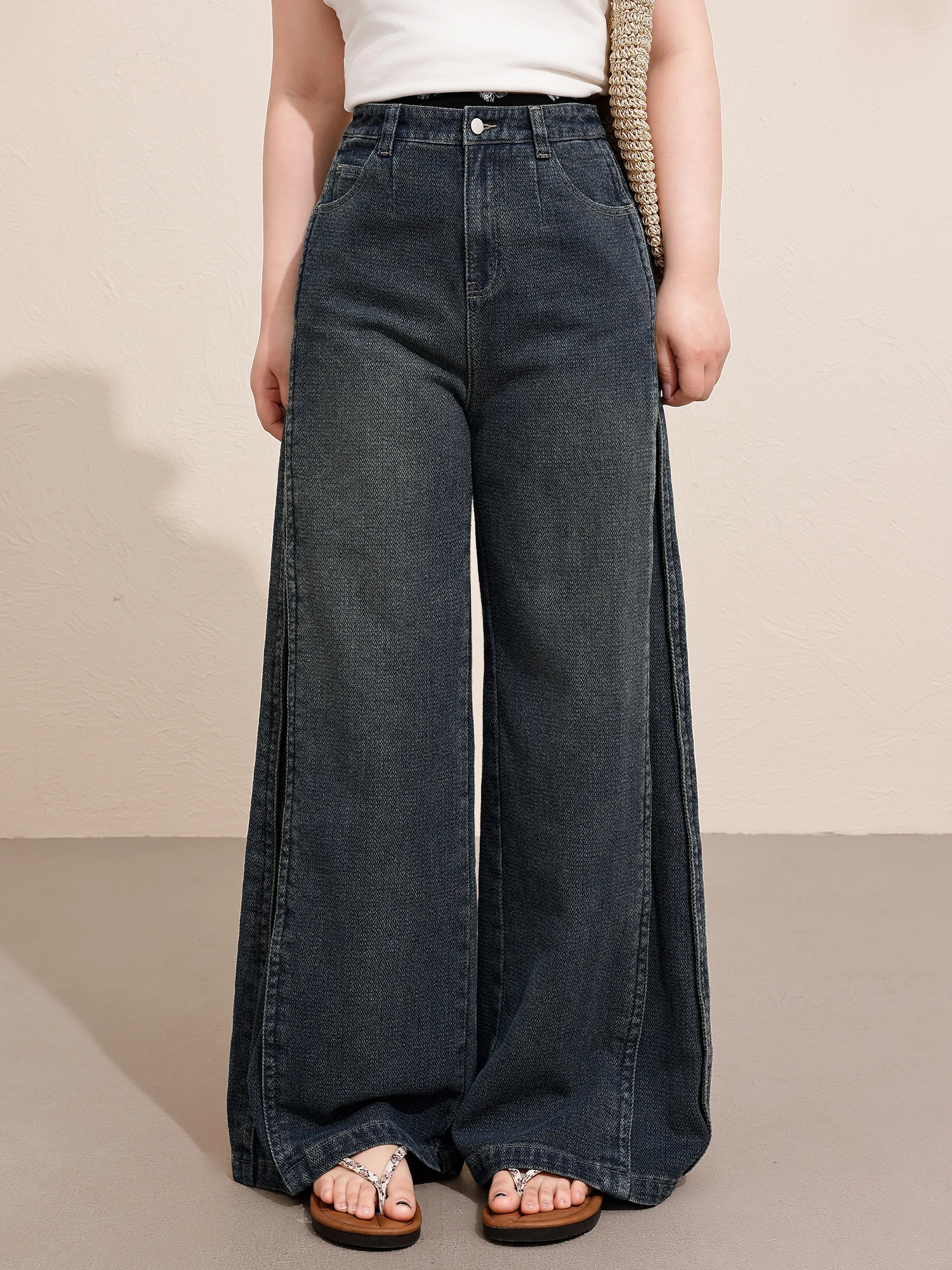 

High Waist Wide Leg Women's Jeans Loose Straight Cut Trousers Vintage Blue Waed Spring Faion plus Size Cotton Denim Pants